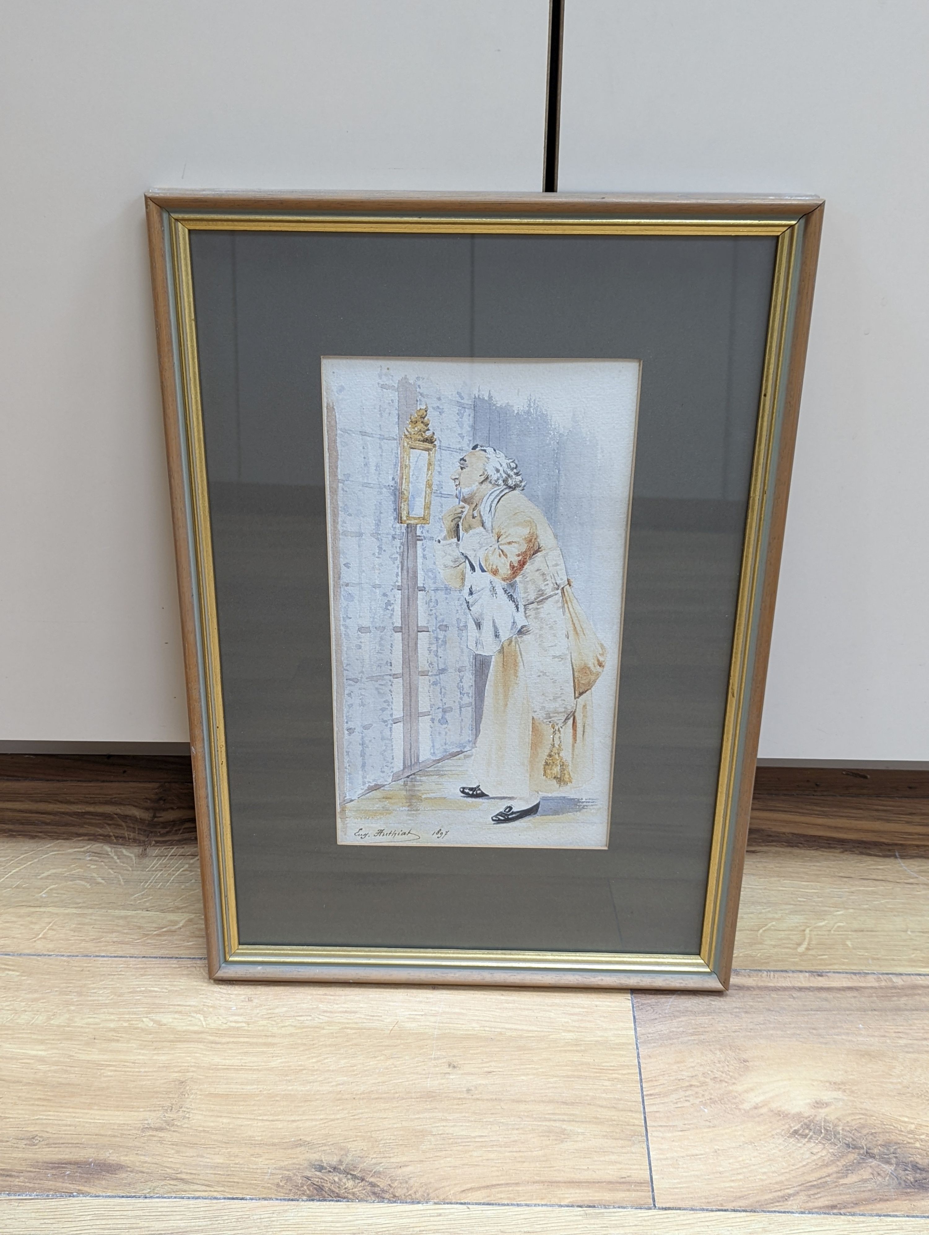19th century French School, watercolour, Gentleman shaving, signed Eugene Flu... and dated 1897, 29 x 16cm